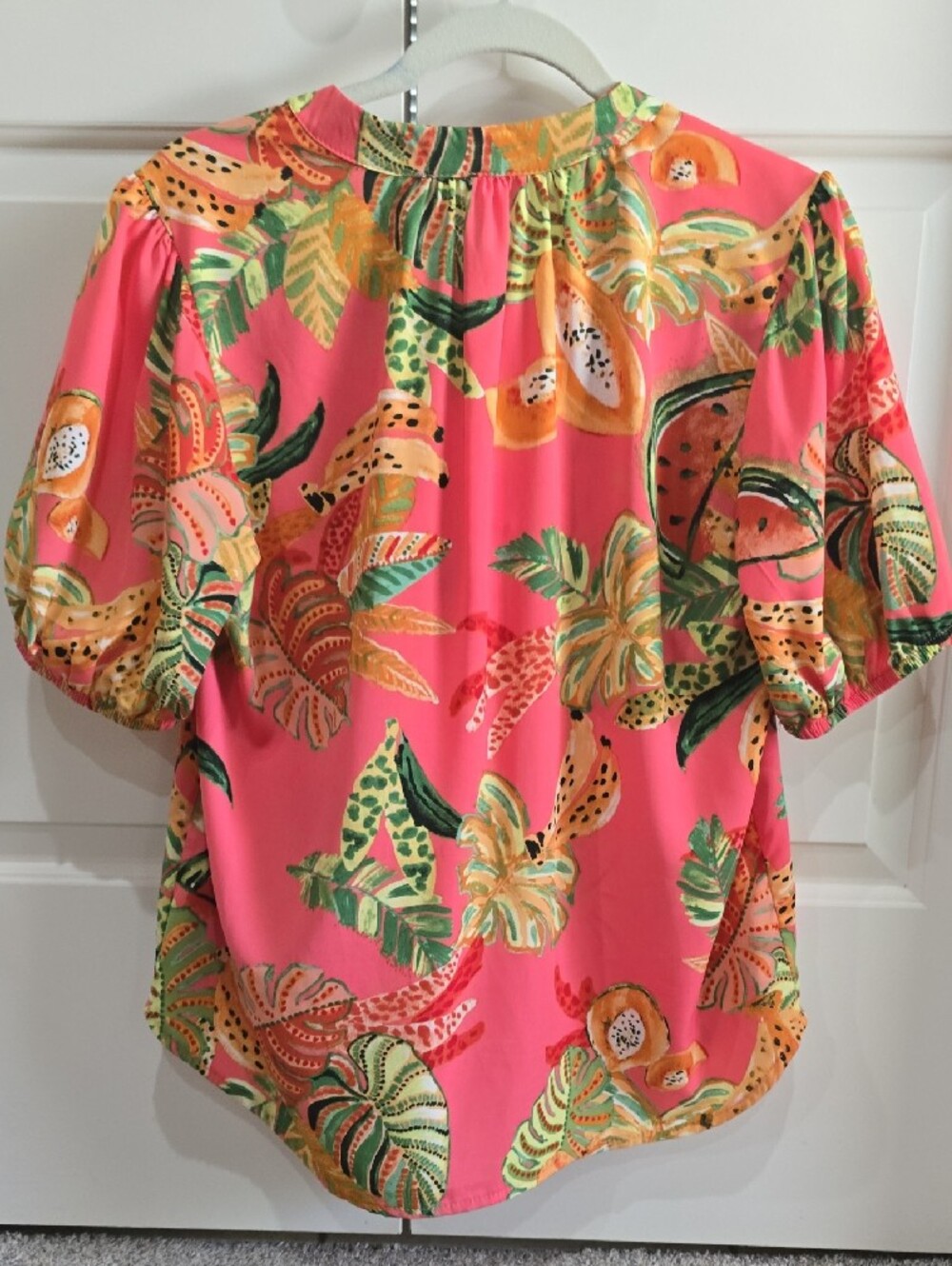 Entro Coral Pink Tropical Fruit Print Short Sleeve Shirt - Picture 4 of 7